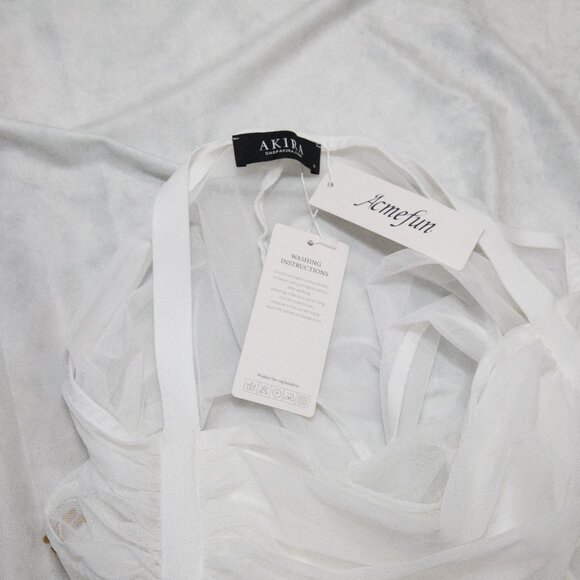 Akira White Sheer Floral Beaded Appliques Halter Maxi Tulle Dress Size Small - Picture 5 of 13